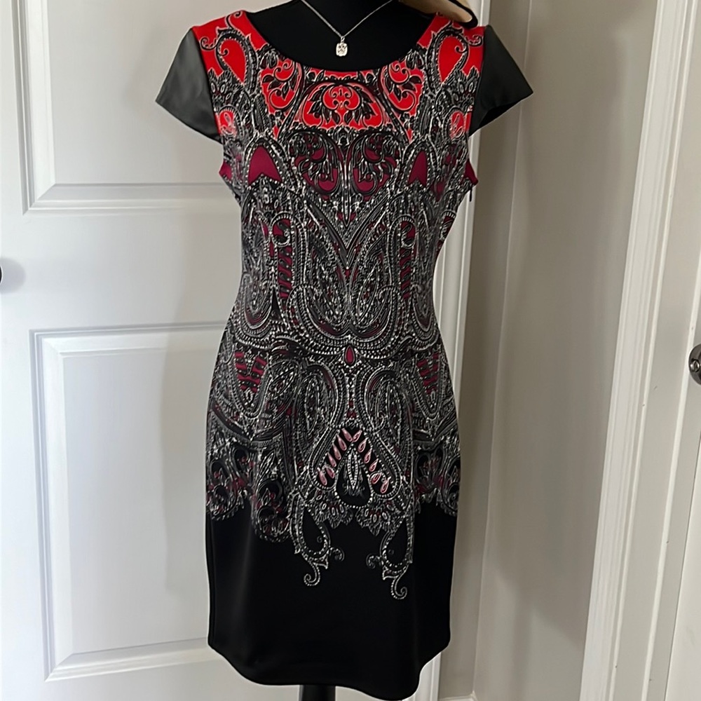 London Times Dress with Faux Leather Cap Sleeves